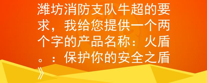 潍坊消防支队牛超根据潍坊消防支队牛超的要求，我给您提供一个两个字的产品名称：火盾。：保护你的安全之盾》